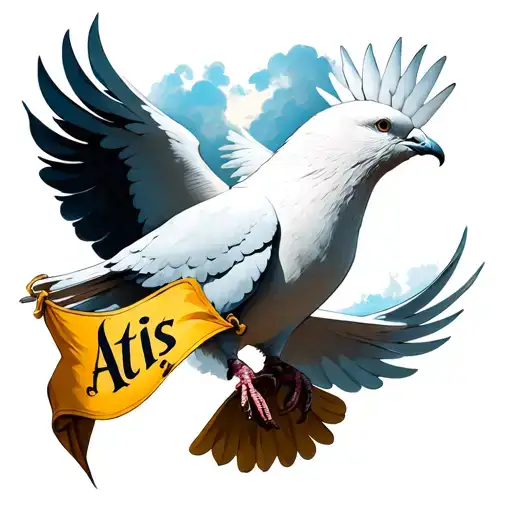A Realistic Portrait Of A White Dove Carrying A Banner With The Word 'Atis' In Its Beak