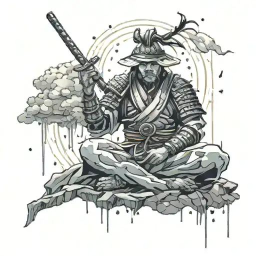 Samurai Warrior Meditating Figure Surrounded My Rain