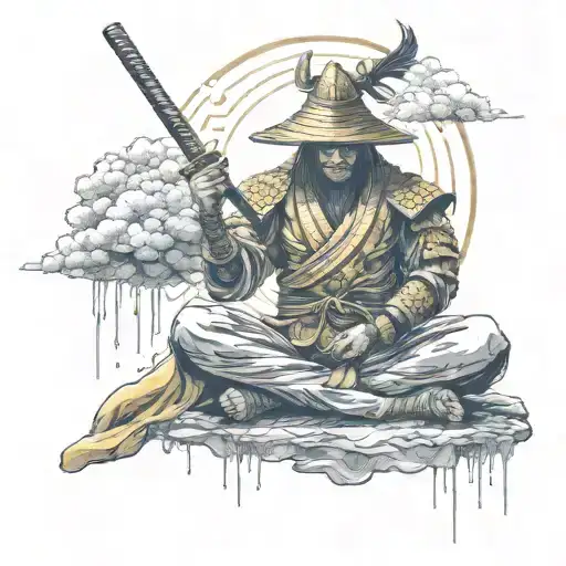 With A Golden Outfit Samurai Warrior Meditating Figure Surrounded My Rain