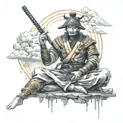 With A Golden Outfit Samurai Warrior Meditating Figure Surrounded