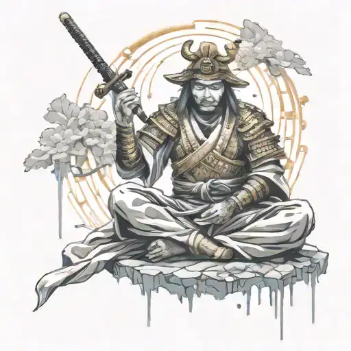 With A Golden Outfit Samurai Warrior Meditating Figure Surrounded