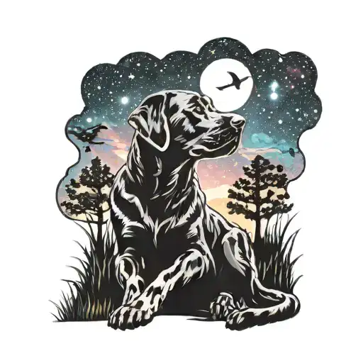 Black Lab Silhouette Sitting In Grass With Galaxy Background