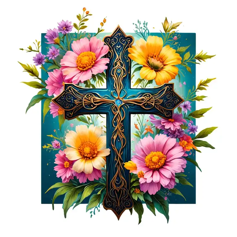 Delicate Cross With Wild Flowers Intertwined