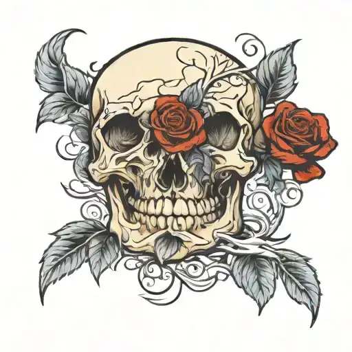 Skull And Red Roses Intertwined