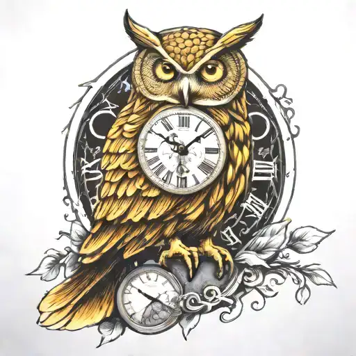 Golden Owl Holding A Clock