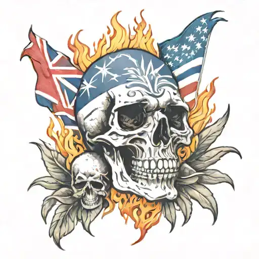 Hawaiian Flag And Skull On Fire