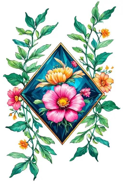 Flowers And Vines Wrapped Around A Diamond Shape Outline