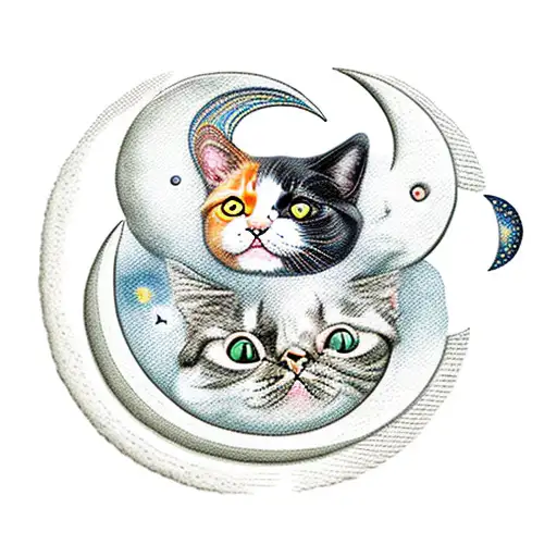 A Cat And A Dog Sitting On A Crescent Moon With Stars Around Them