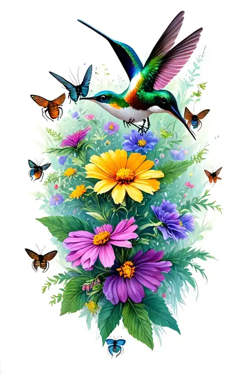 Hummingbird And Wildflower Sleeve Featuring A Collage Of Bugs