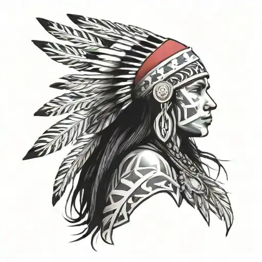Tattoo Design Of Front Facing Indigenous Warrior Princess Puerto Rican Flag