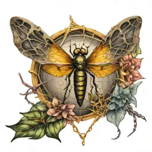 Spiderweb And Dragonfly Perched Atop