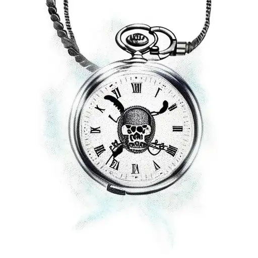 Pocket Watch With Chain And Broken Glass And Behind A Pirate Ship