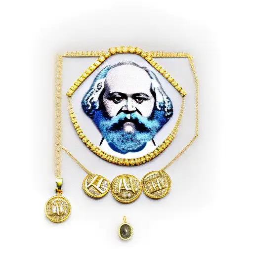 A Portrait Of Karl Marx Wearing A Gold Chain With A Rap Lyric As A Pendant