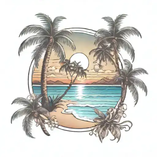 Beach Scene With Palm Trees Montins And A Sun Set Sand Hour Glass