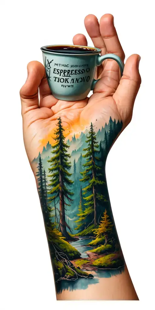 Left Arm Sleeve Tattoo Pnw Misty Forest Tranforming Into Adhd Words Espresso Cup On Hand