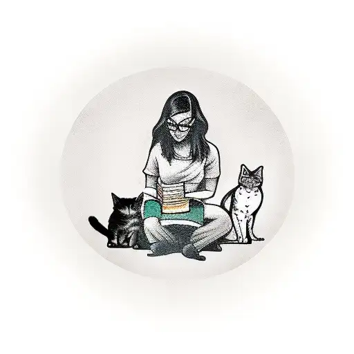 A Silhouette Of A Woman Reading A Book With Her Dog And Cat Beside Her