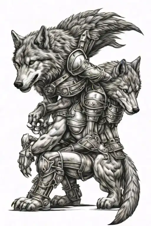 Wolf And Spartan Warrior Kneeling
