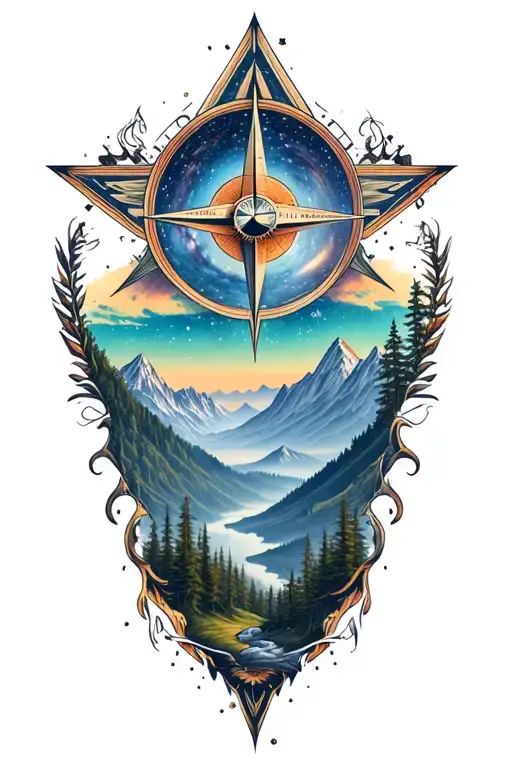 Moutains And Forrest And Milky Way With 8 Pointed Compass