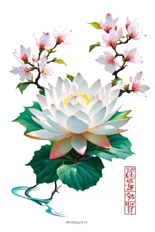 White Lotus Flower Intertwined With Cherry Blossom