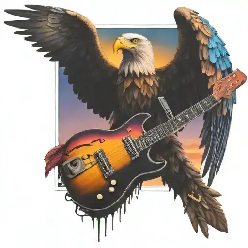 Colorful Sunset Behind Eagle Wings Spread Behind Electric Guitar