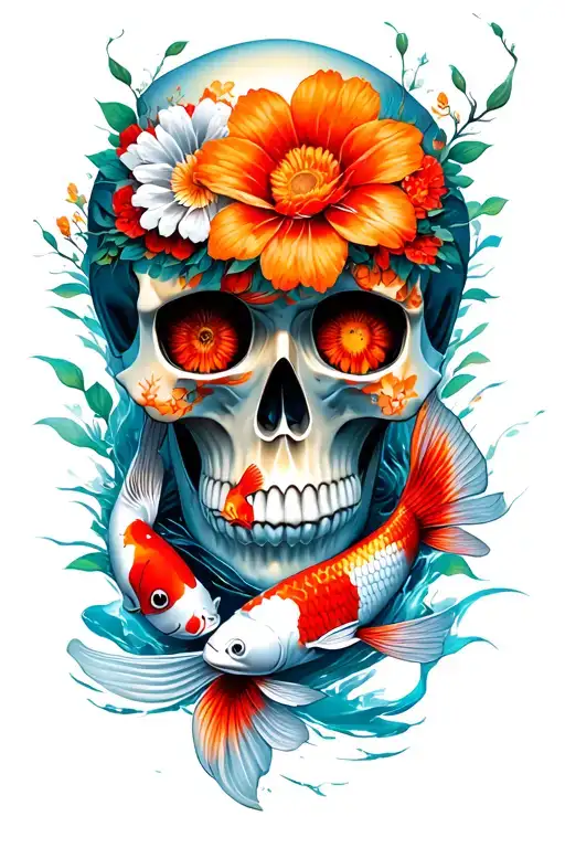 Calavera With Flowers In The Eyes And Japanese Koi Carp Around It