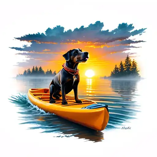 Dog On A Kyak With A Sunset Sky