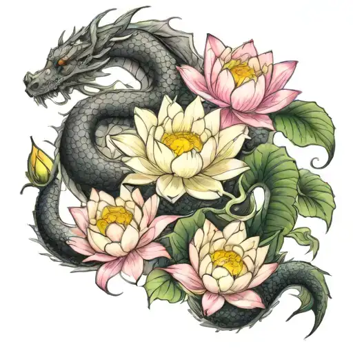 Dragon And Lotus Flower Blooming