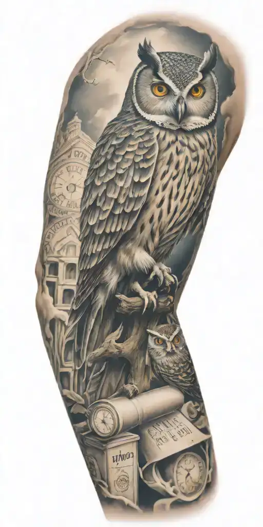 Full Sleeve Accounting Tatto With An Owl Perched Holding Degree