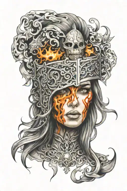Woman With Long Hair Made Of Fire Trapped In Iron Mask