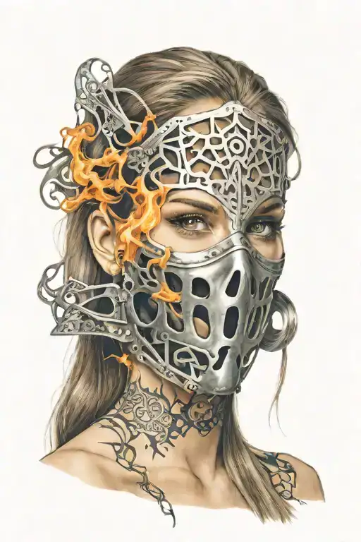 Woman With Long Hair Made Of Fire Trapped In Full Face Iron Mask
