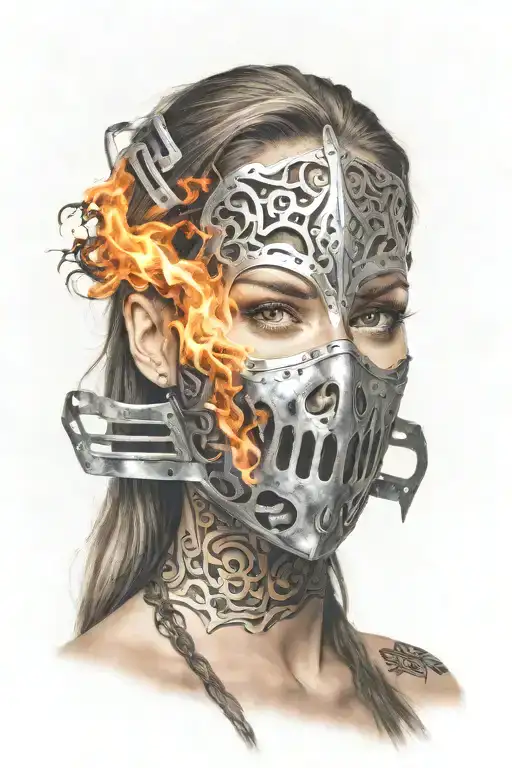 Woman With Long Hair Made Of Fire Trapped In Full Face Iron Mask