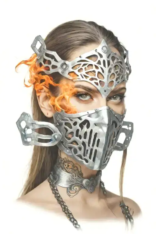 Woman With Long Hair Made Of Fire Trapped In Full Face Iron Mask