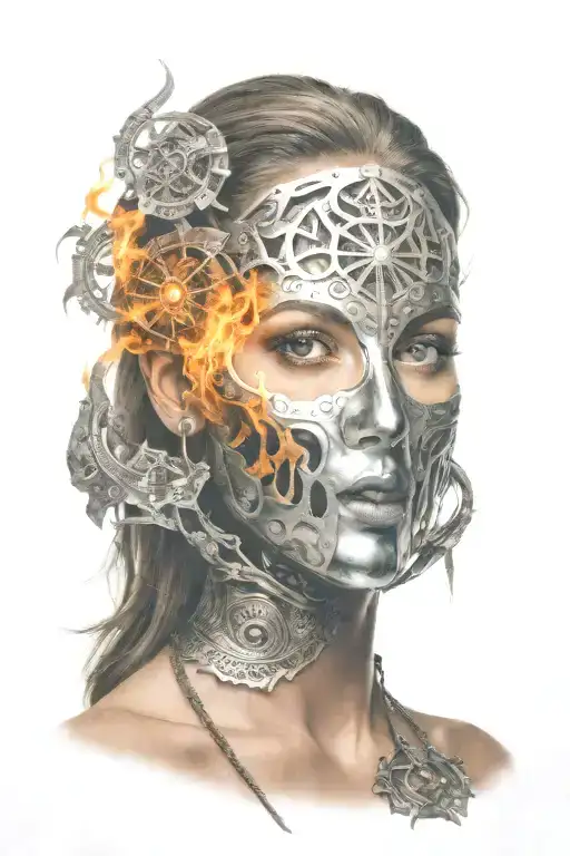 Scared Woman With Full Face Iron Mask Has Sun And Fire Designs