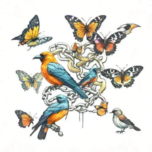 Chain Of Butterflies With Crow Perched Atop