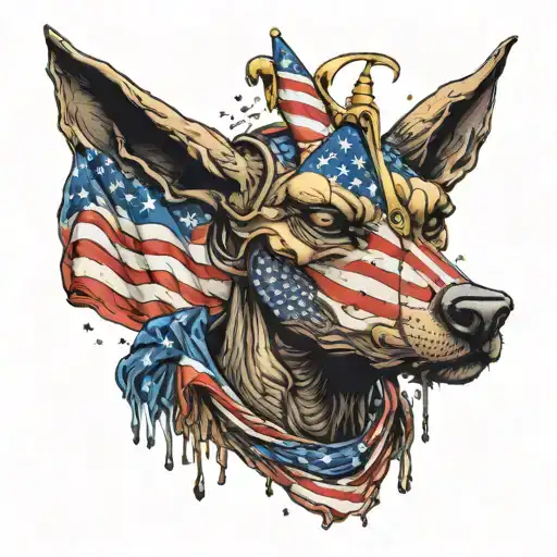 Anubis Draped In The American Flag Weeping Overtop A Broken Golden Heart In His Hands