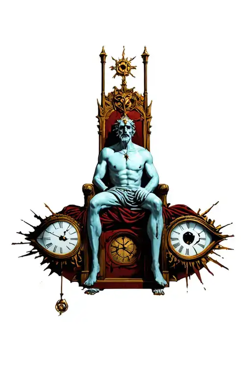 Hades Greek God Sitting On Throne With Broken Clocks And The All Seeing Eye
