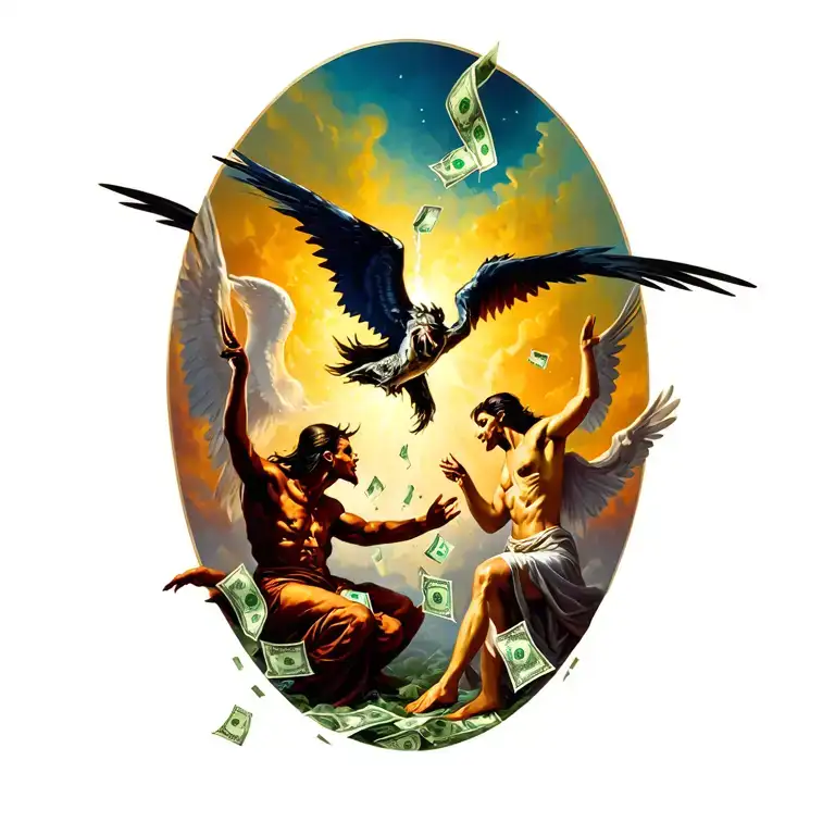 About Angels And Demons Fighting For Money Pouring