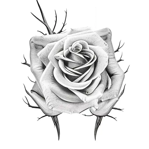 Intricate Hand Tattoo Featuring Vine And Thorn Bones With Bloody Rose