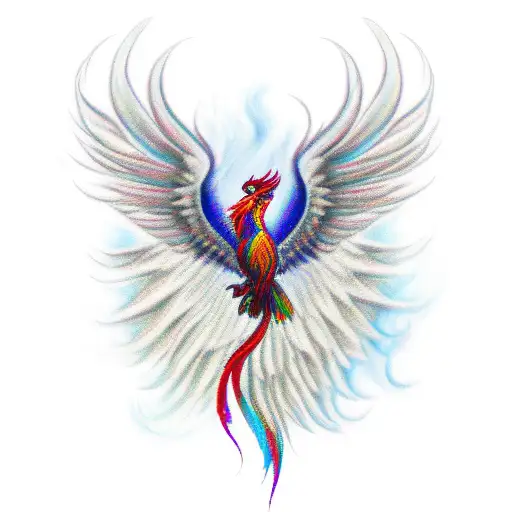 Phoenix With A Curled Tail And Four Feathers Each Painted Like A Different Element