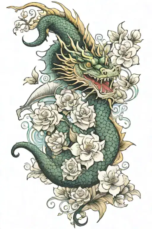 Eastern Dragon And Fish With Flowers