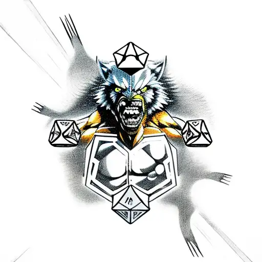 A 20 Sided Dice With Wolverine Clawmarks Underneath And A Werewolf Incorporated In The Background