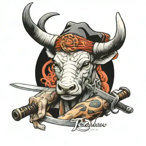 A Taurus With A Sumrai Hat And A Katana In The Hand