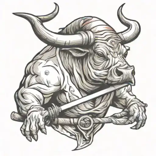 A Bull With A Sumrai Hat And A Katana In The Hand