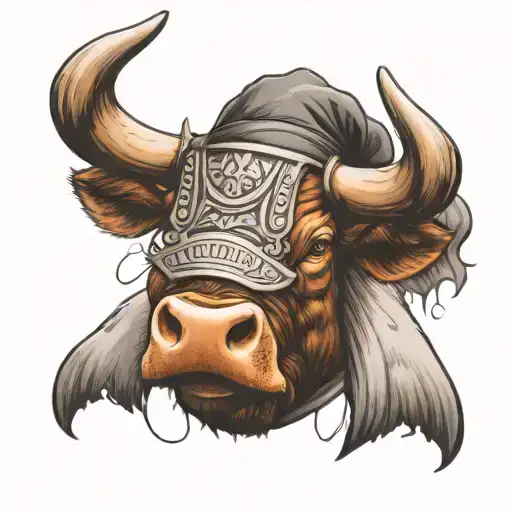 A Bull With A Sumurai Hat On The Head