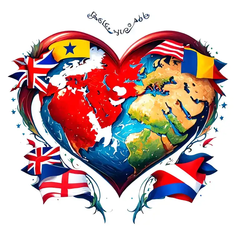 Globe And Flags Inside A Heart