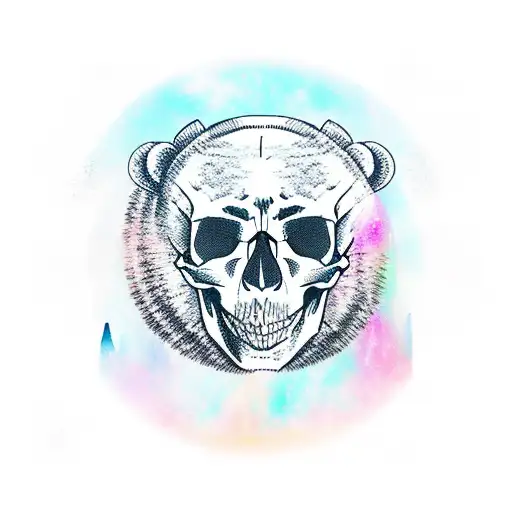 Skull Wearing A Bear Head Red Northern Lights Background With Dead Trees And Mountains