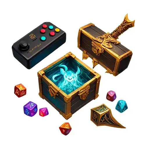 D&d Mimic Treasure Chest With D20 And Generic Video Game Controller As Well As A Master Sword