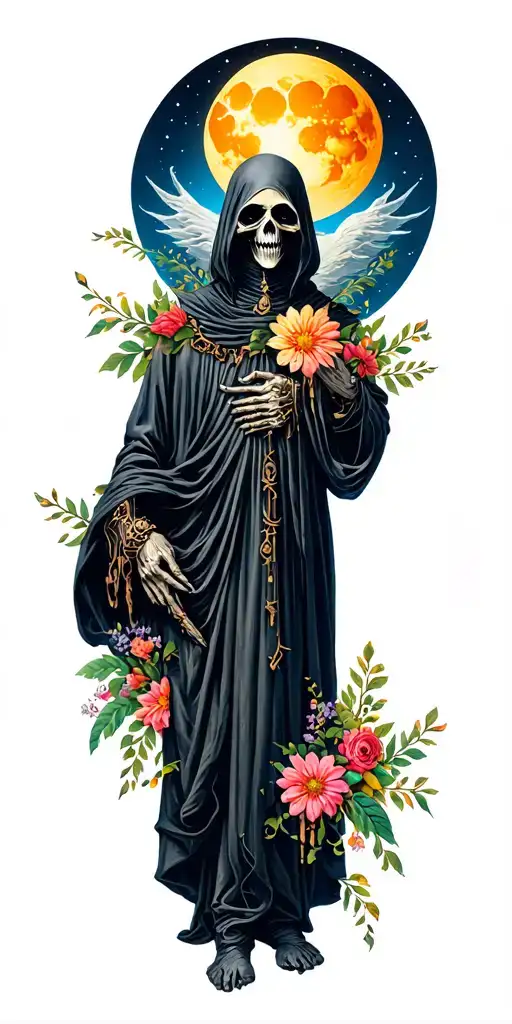 Grim Reaper Full Body With Sun And Moon With Flowers