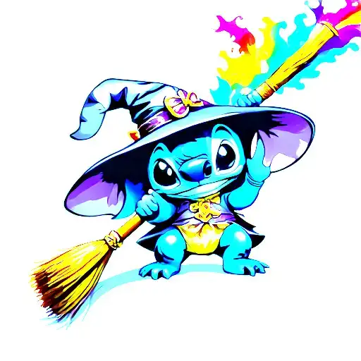 Stitch In A Witches Costume Holding A Rainbow Broom