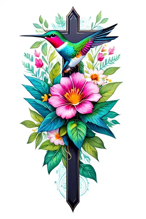 Hummingbird Flower Tattoo Featuring A Beautiful Cross In Middle